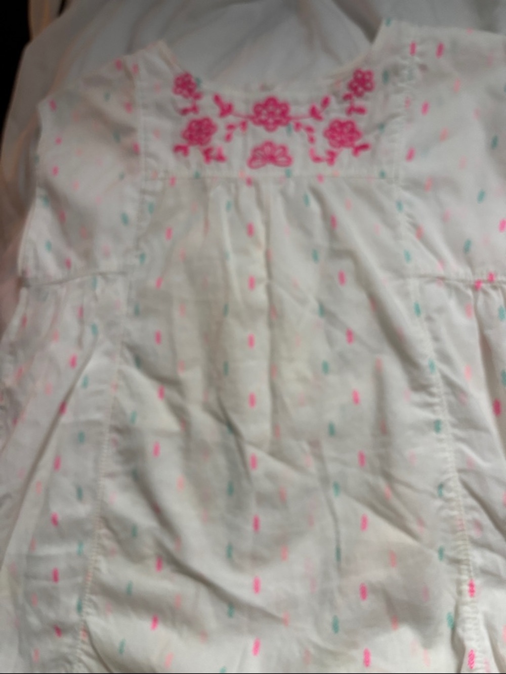 Carter's White Tank Top with Pink Embroidered Floral Yoke and Mint Dot Print